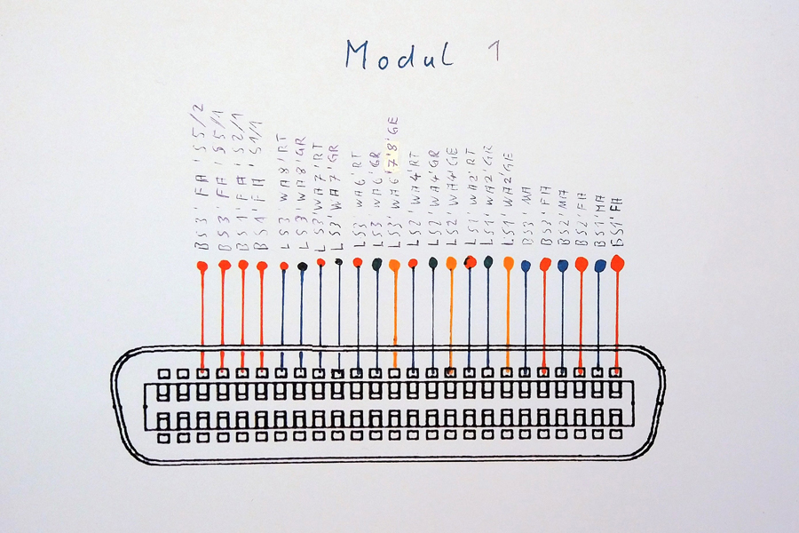 Plan für die Belegung der Pins der späteren 50pol. Centronics-Verbindung.